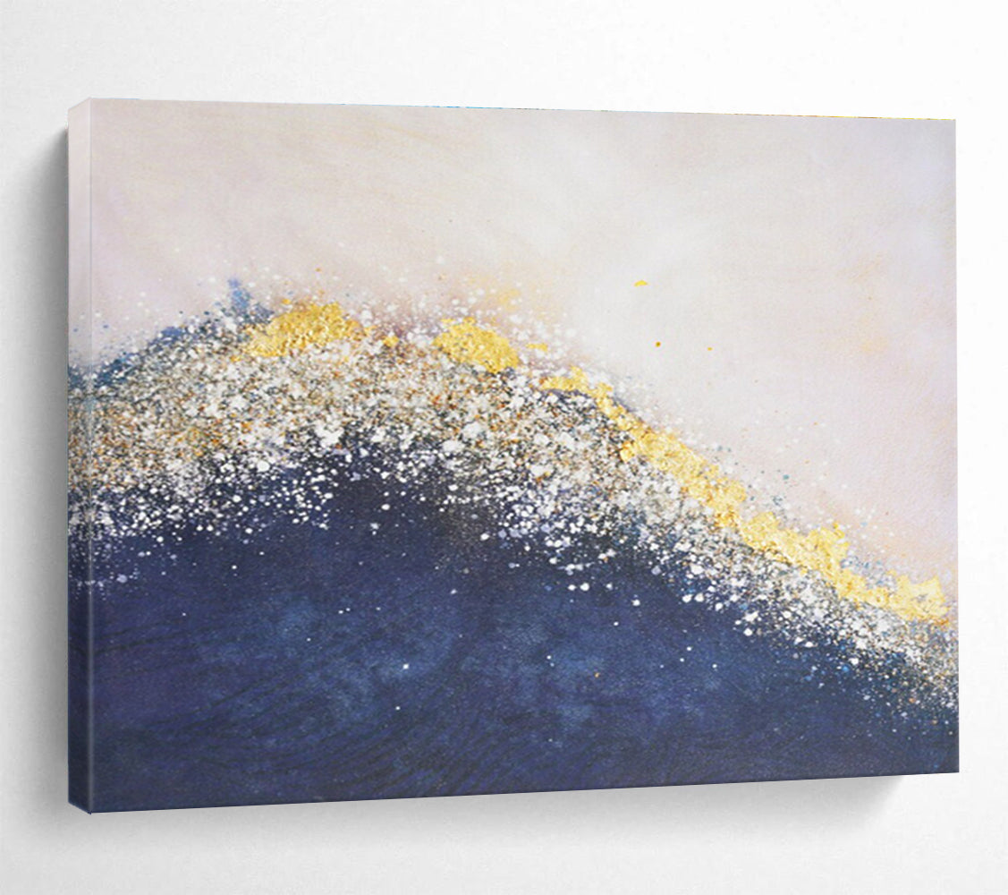 Glittering Wave Abstract Painting with Gold and Navy Hues THY270