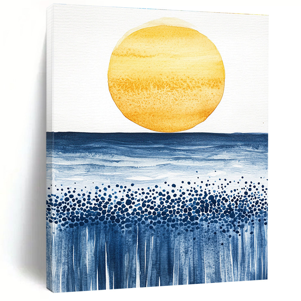 Abstract watercolor painting of a sun rising over the ocean with minimalist yellow and blue tones on textured paper.STSC505