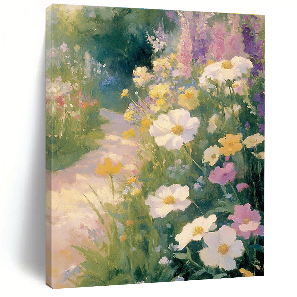 Large Abstract Painting of an Old English Garden with Wildflowers and a Winding Path Evoking Calmness and Tranquility in Soft Pastel Colors.STSC1227