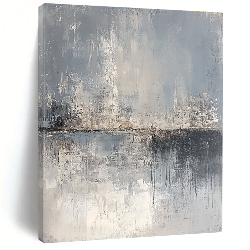 Large abstract painting depicting a serene landscape in gray and beige tones, featuring canvas texture and an atmospheric quality.STSC063