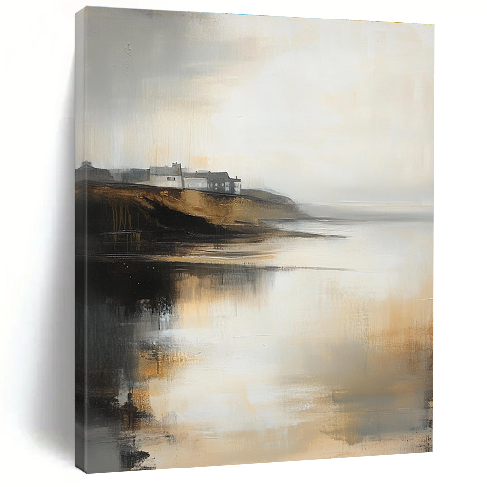 Large abstract oil painting of a misty coastal landscape in neutral tones with subtle gold highlights and low contrast colors.STSC589
