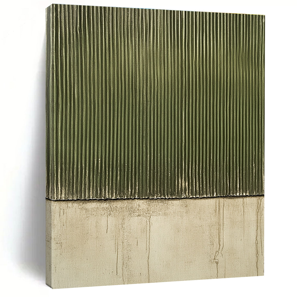 Large abstract painting featuring a textured green corrugated surface on a dark gray background with a grainy oil painting effect.STSC958