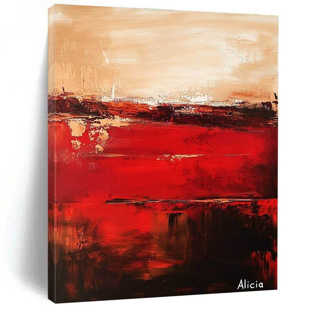 Large abstract painting of red and brown titled Alicia with deep burgundy and pale gold textures on a tranquil sunset-inspired backdrop.STSC690