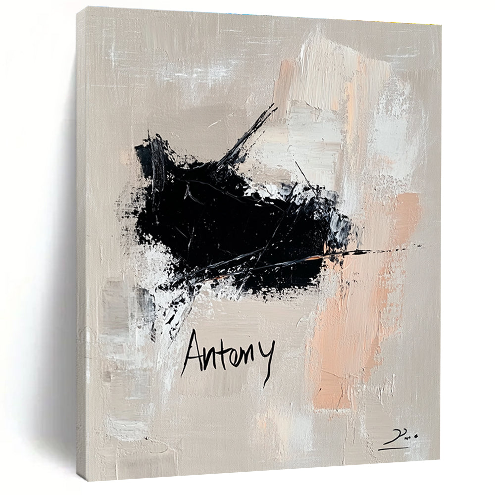 Large abstract oil painting features a black and white impasto cat with neutral tone text on a soft gray background, exuding modern elegance.STSC1088