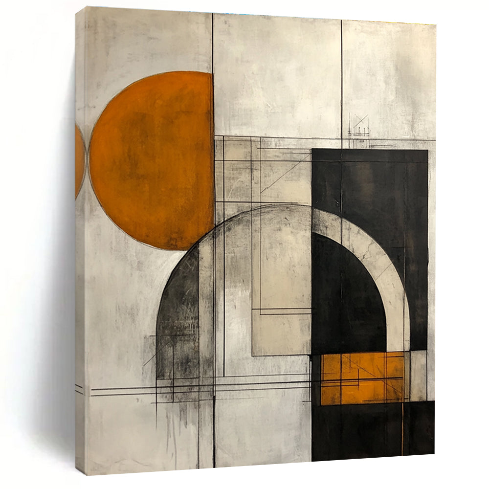 Large abstract painting featuring geometric shapes in gray mustard yellow and copper with architectural elements on a white background.STSC754