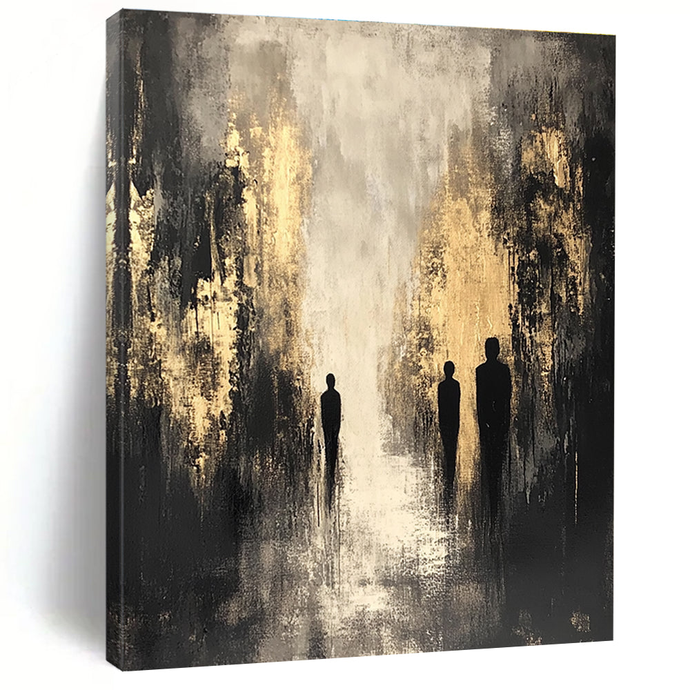 Large abstract painting featuring dark gray and beige tones with gold highlights and black silhouettes creating a shadowy cityscape in a contemplative mood.STSC371