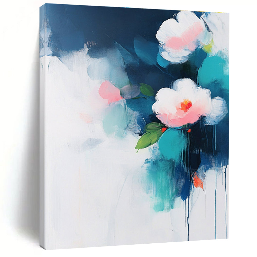 Abstract painting on a white background with teal and pink accents featuring flowers and green leaves in soft atmospheric edges.STSC375