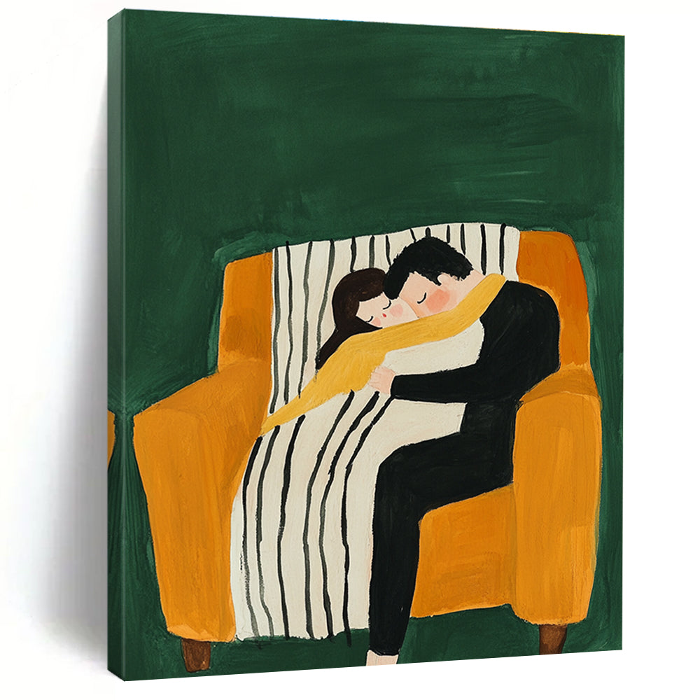 An abstract gouache illustration featuring a couple cuddling on an armchair with a striped blanket against a vibrant green background.STSC1054