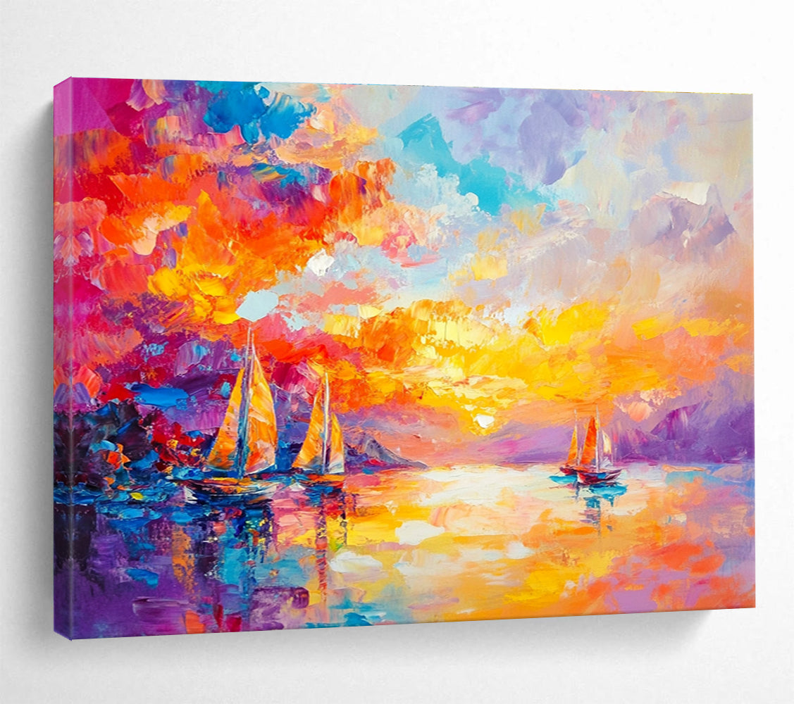 Large abstract painting capturing a vibrant sunset over the sea with sailboats in a colorful and dreamlike style.SC180