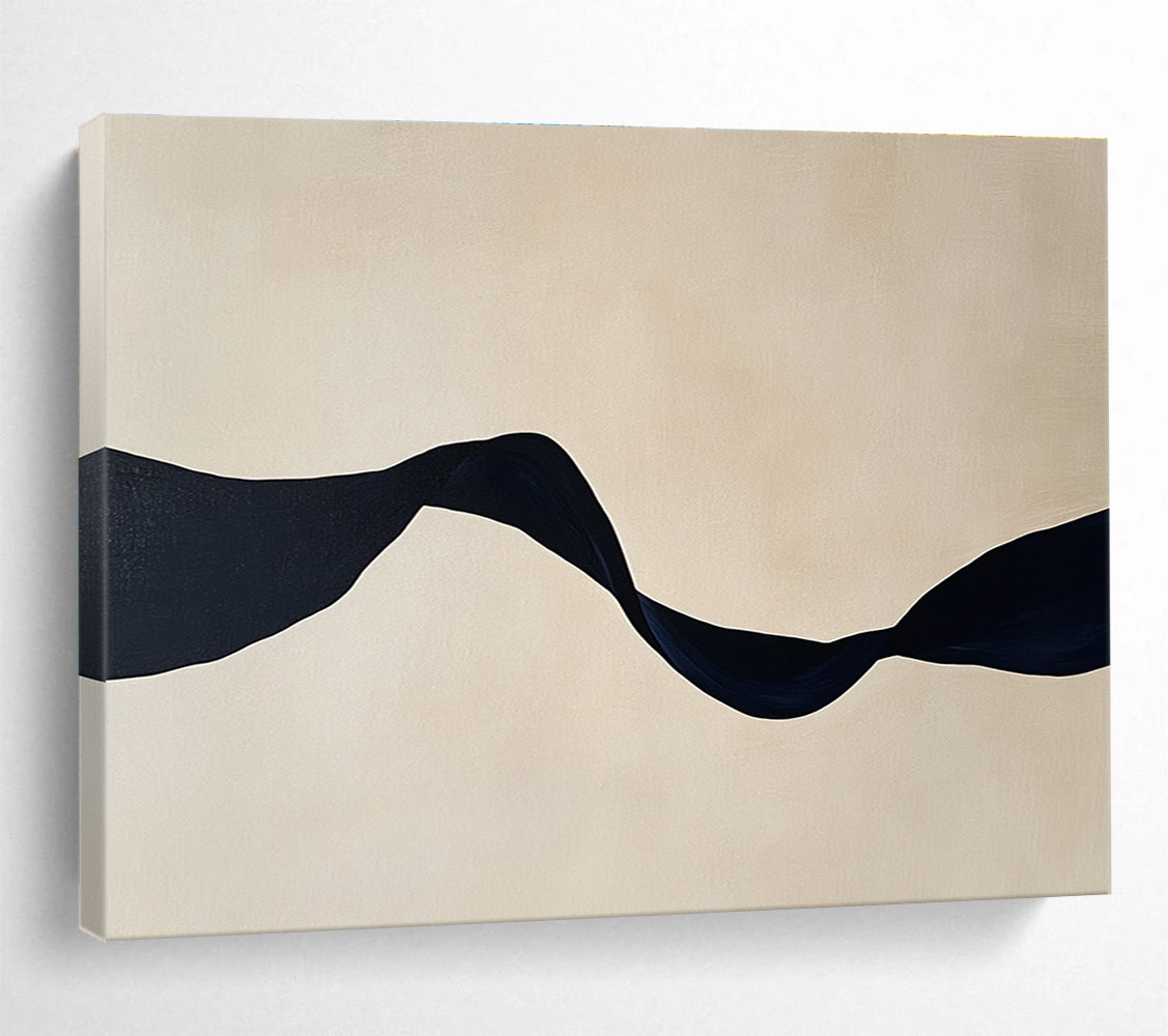 Large abstract painting featuring minimalist black ribbon shapes against a light beige background, embodying tranquility and elegance in any space.SC588
