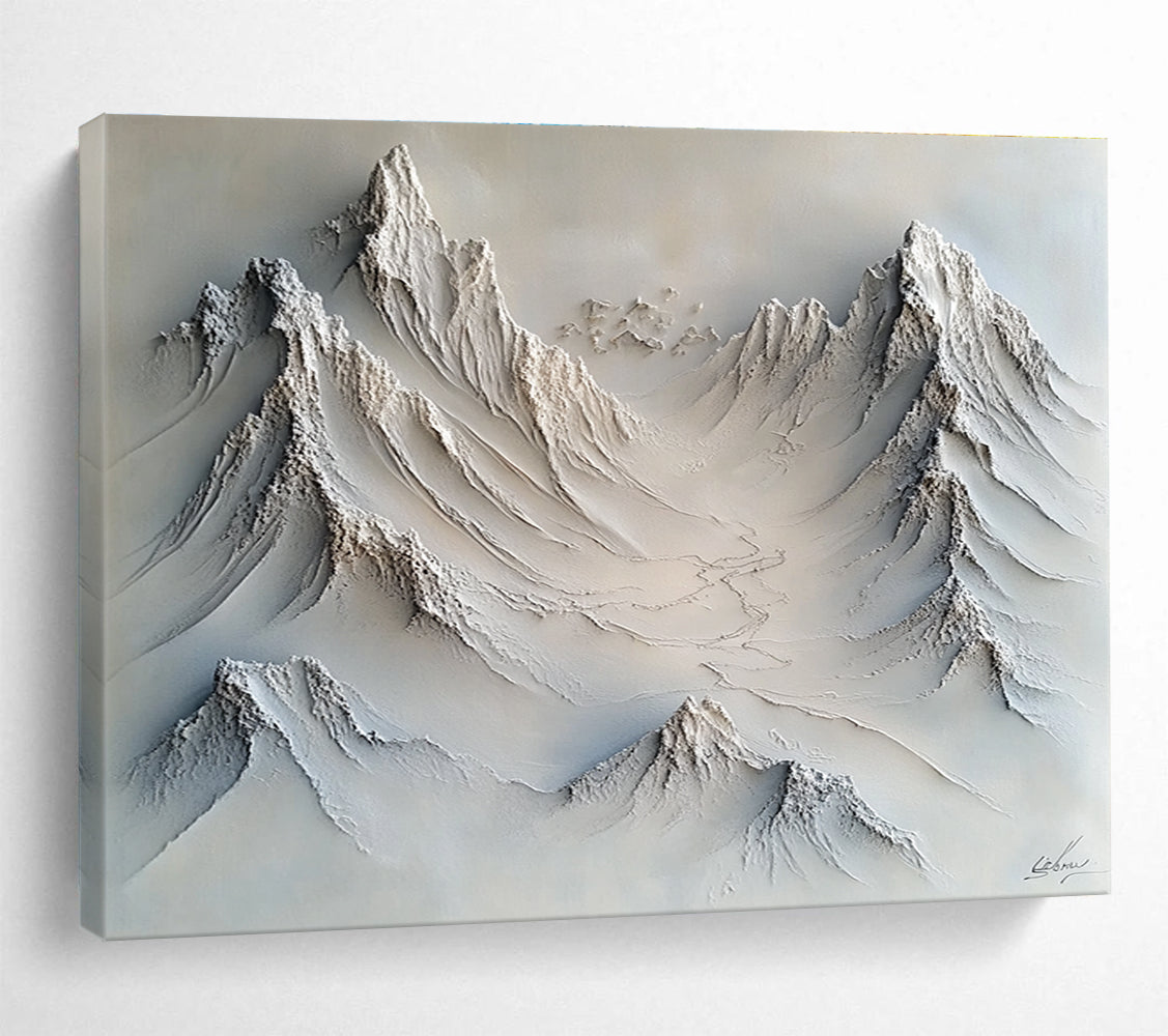 Large abstract painting with soft impasto textures in gray and white featuring snow-covered peaks and valleys for a serene visual experience.SC509