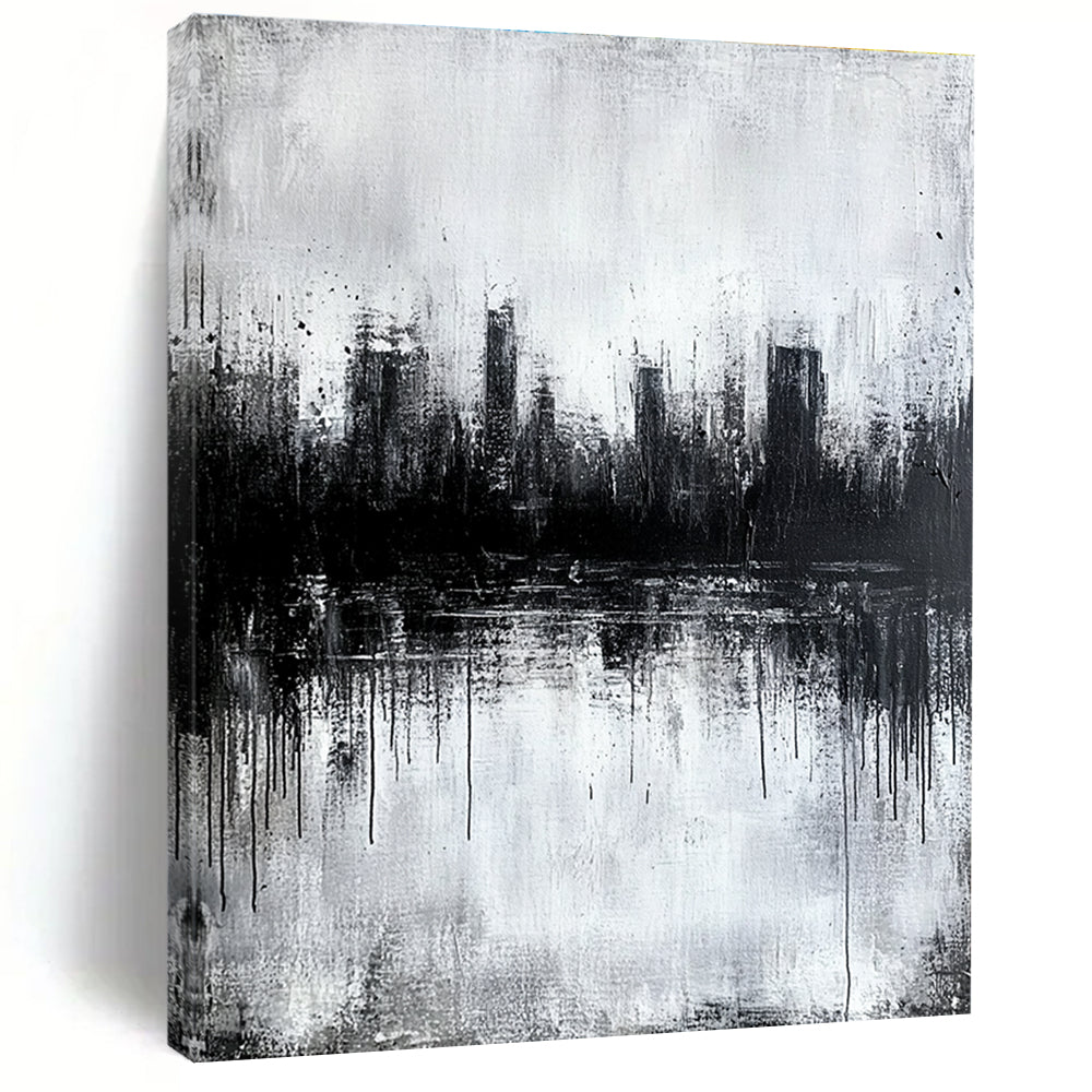 Large abstract painting featuring a city skyline reflection in water with textured gray tones evoking a serene and mysterious atmosphere.STSC025