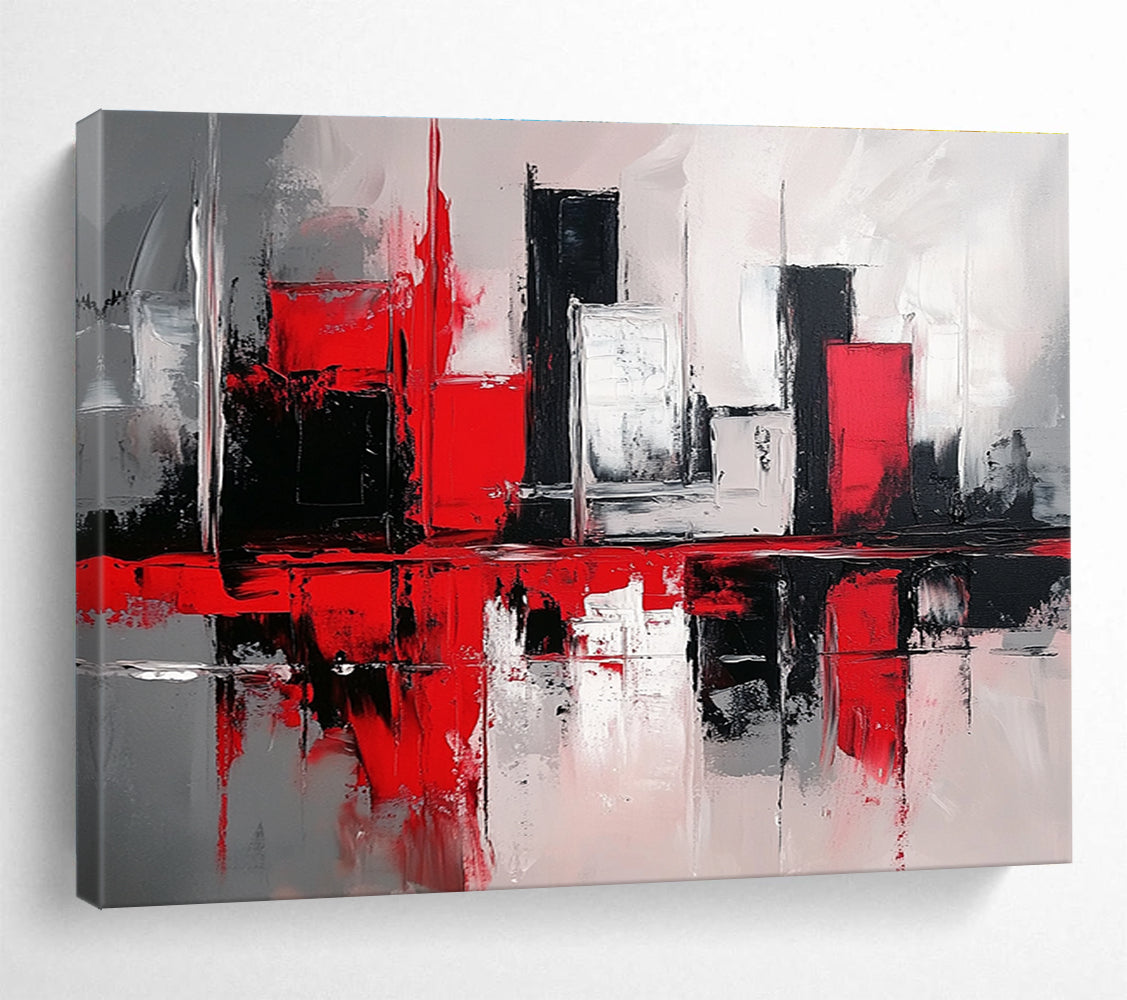 Red Black and White Abstract Painting with Cityscape Reflections DYP398