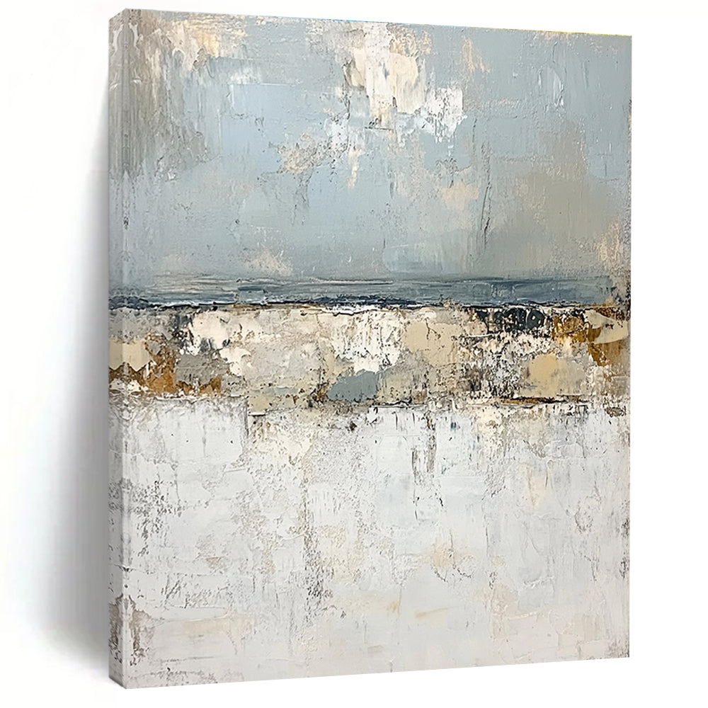 Large abstract painting of the open sea featuring impasto textures light blue and gray tones with serene landforms in white creating a tranquil atmosphere.STSC270