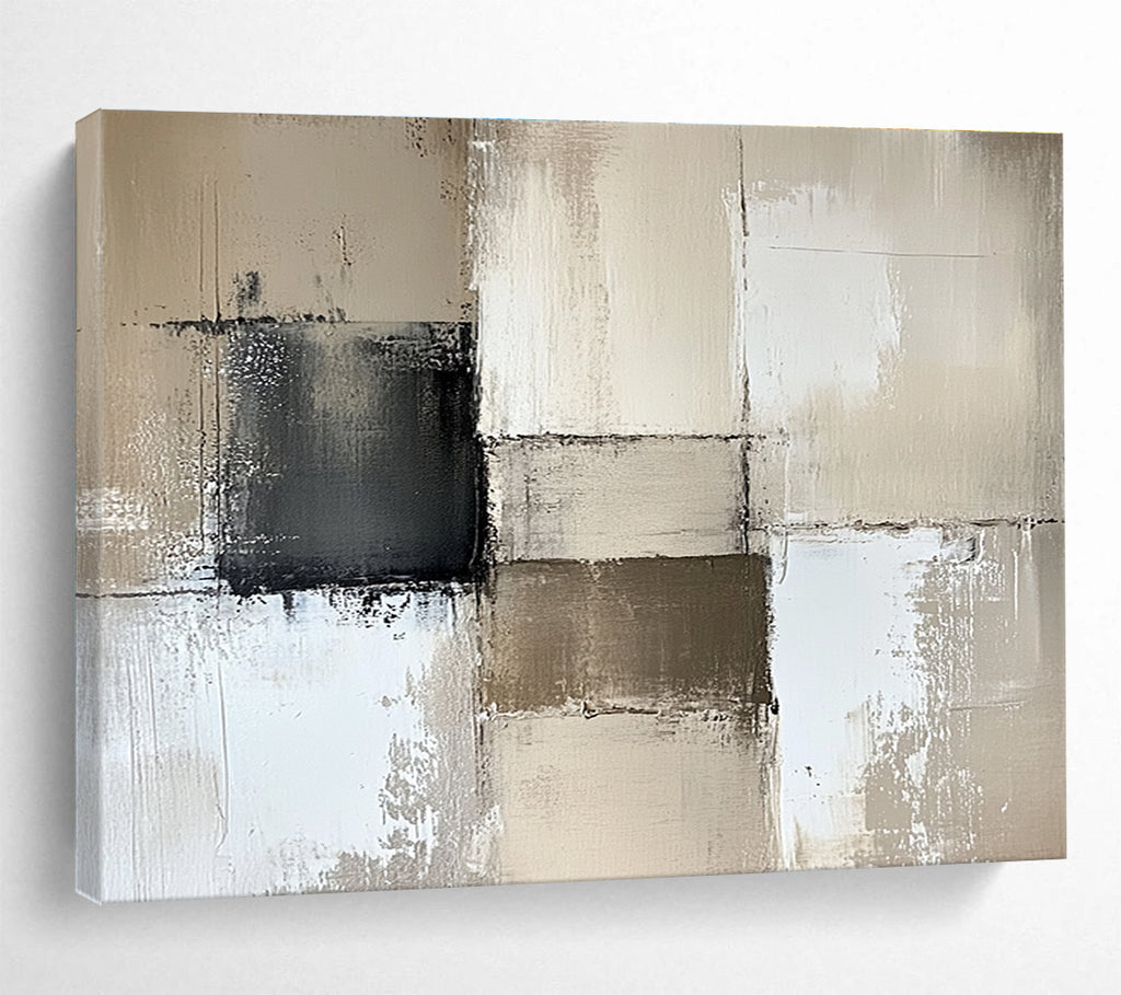 Large abstract painting in beige and white with textured brush strokes and gray accents, perfect for enhancing neutral wall decor.SC369