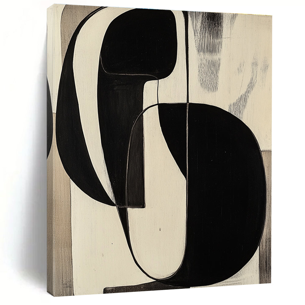 Large abstract painting reminiscent of Jean Arp featuring black and white shapes on a wood panel for a striking visual impact.STSC472