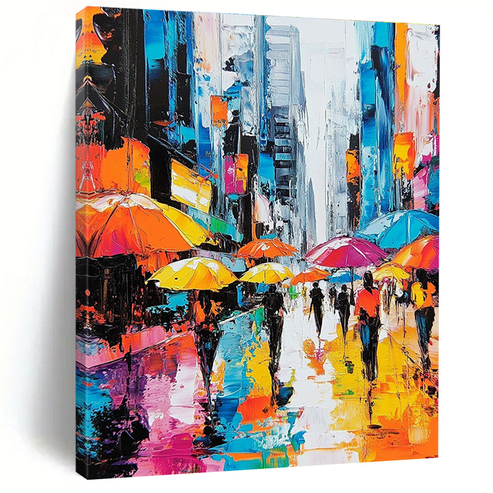 A large abstract painting depicting vibrant city streets with people under colorful umbrellas and towering skyscrapers highlighting urban energy and movement.STSC872