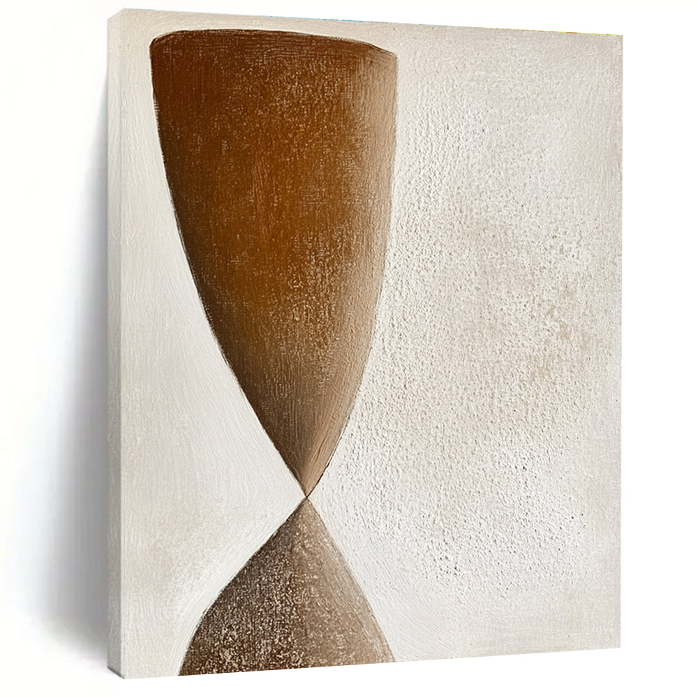 Large abstract painting featuring muted earthy tones and simple hourglass shapes in a minimalist style with soft textured brushstrokes.STSC1239