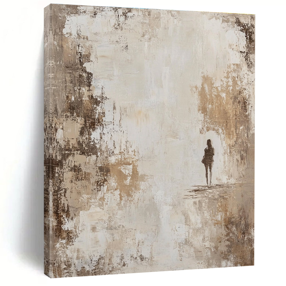 Large abstract painting featuring a beige and white distressed background with neutral tones that add a vintage feel and subtle elegance to any space.STSC905