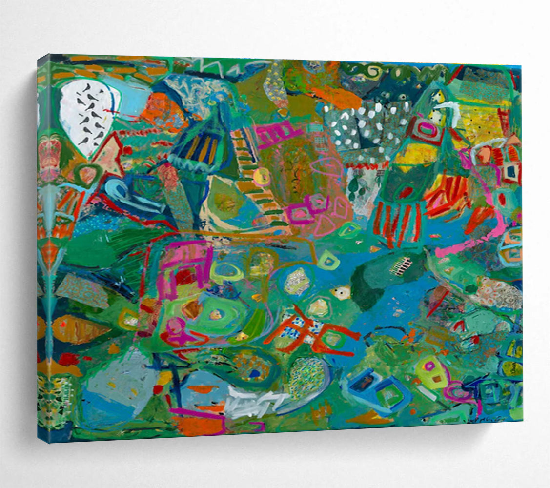 Vibrant Geometric Abstract Painting with Green, Blue, and Pink Tones THY235
