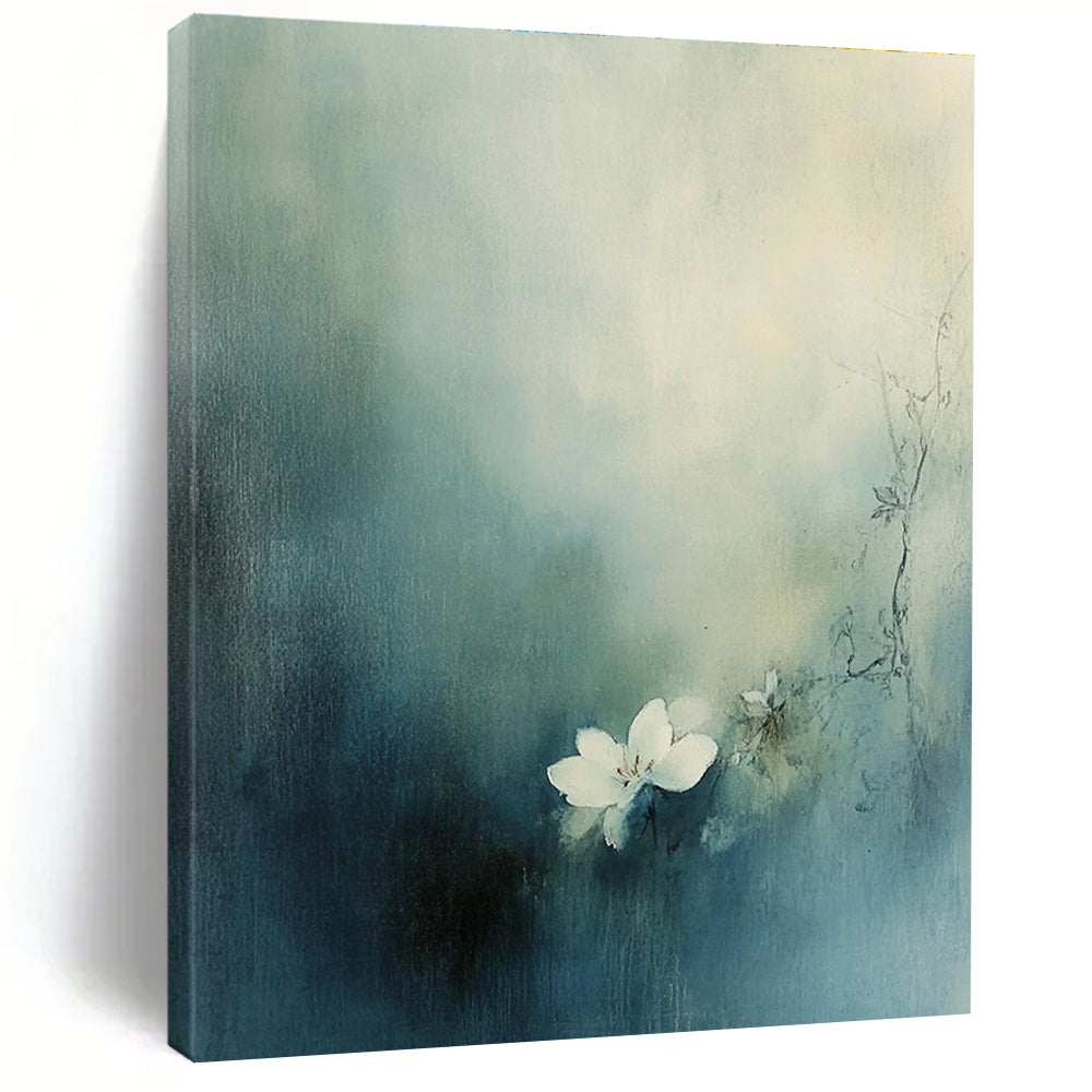 Large abstract painting featuring a small white flower blooming amid muted blue-green tones and hazy fog.STSC631