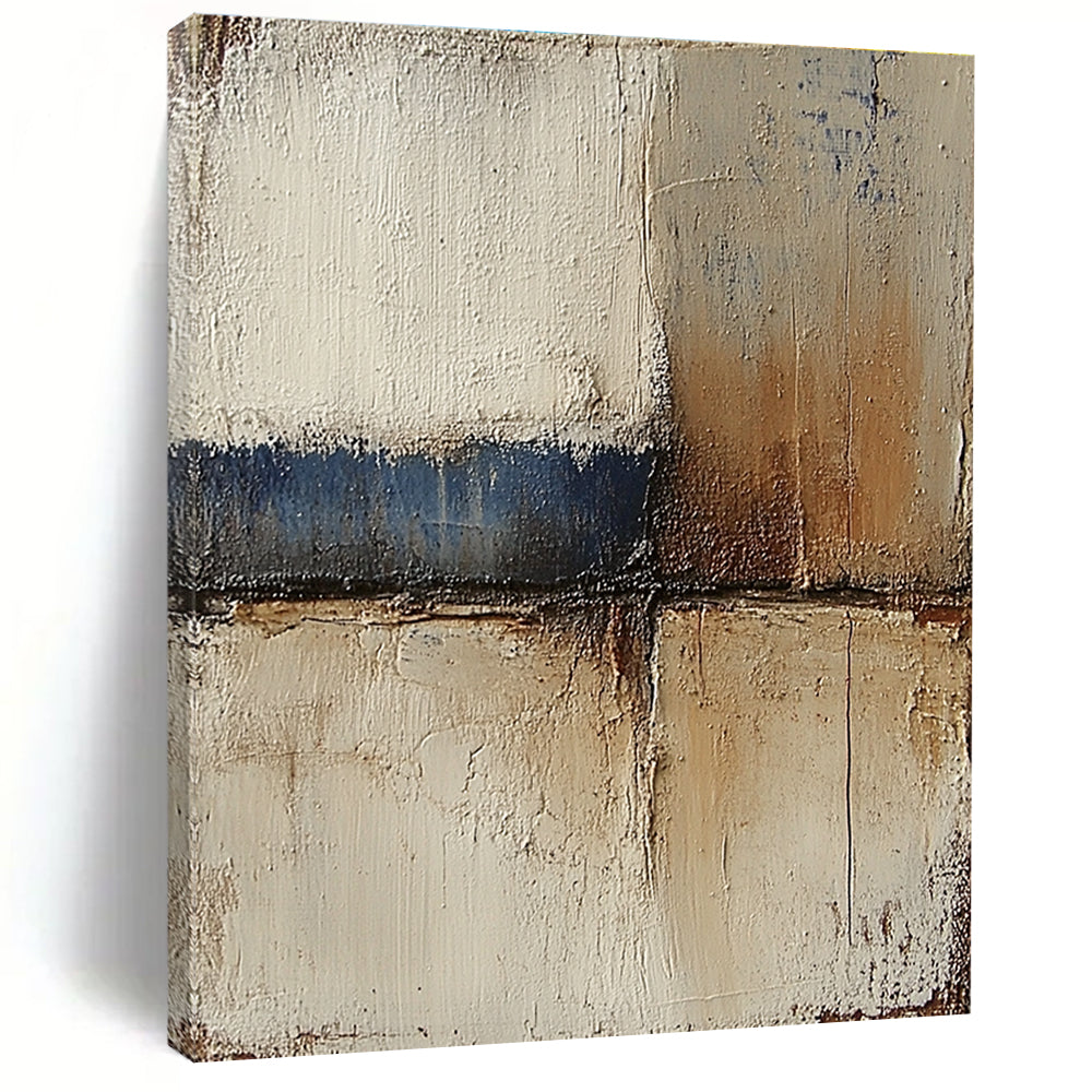 Abstract landscape with neutral colors in earth tones of beige and brown accented by blue textured paint ideal for modern decor.STSC079