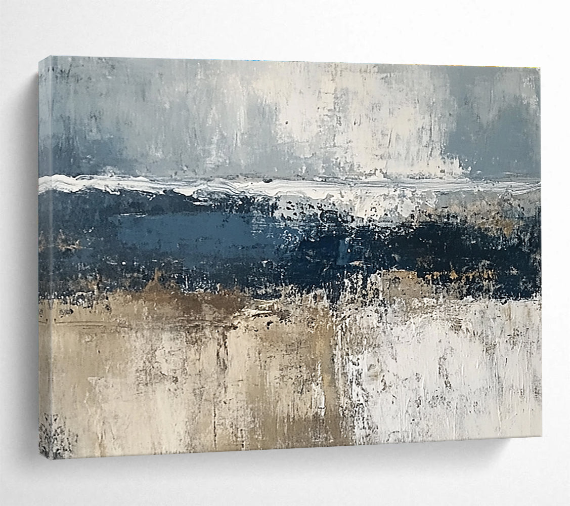 Large abstract painting of the sea featuring gray and dark blue tones with brown accents and thick textured paint.SC203