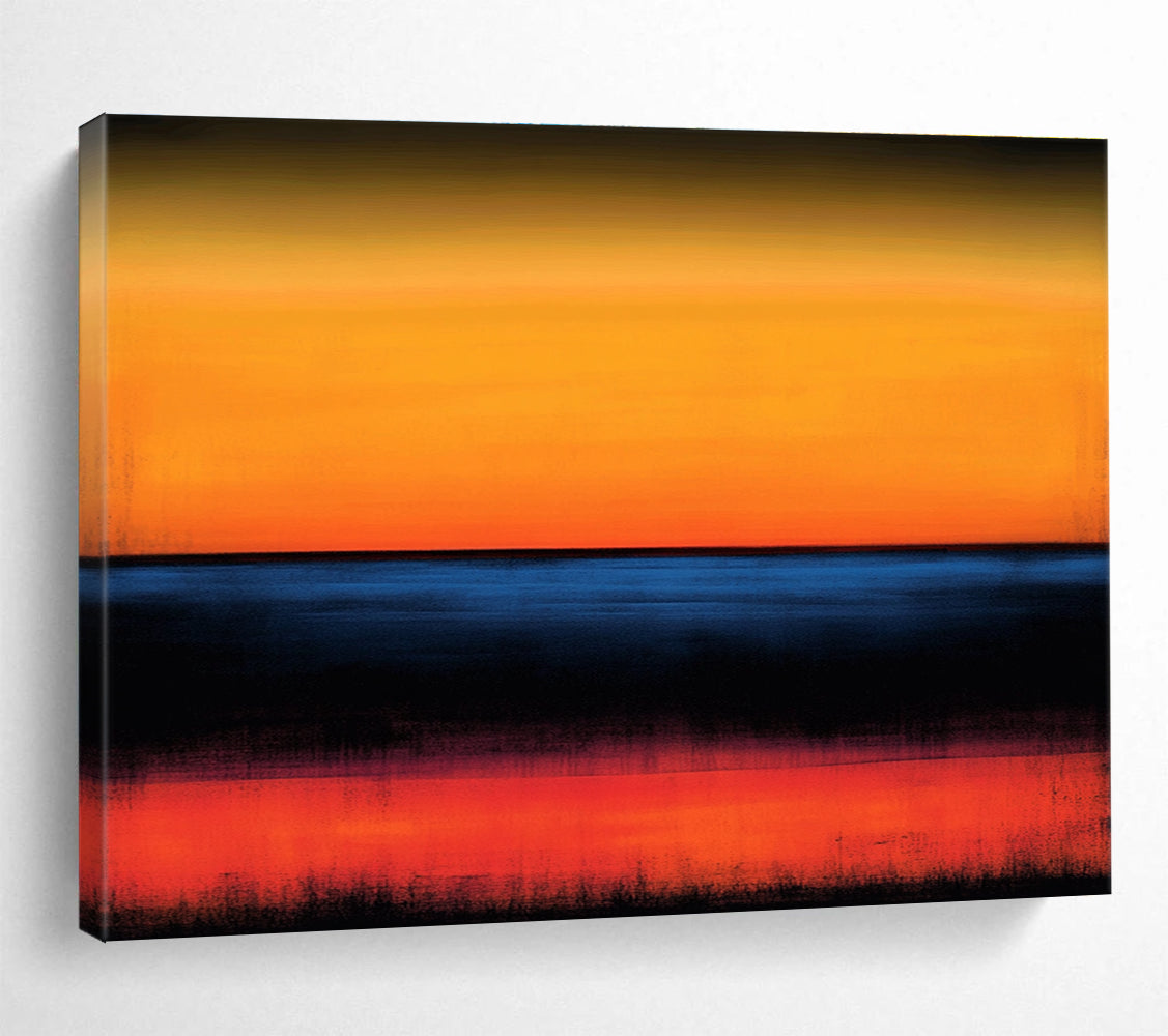 Large abstract painting featuring an orange and blue color scheme with blurred edges and a serene horizon over the ocean at sunset.SC053