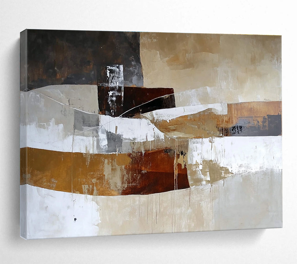 A large abstract oil painting featuring shapes and lines in earthy tones of white beige brown and grey in a rustic landscape styleSC321