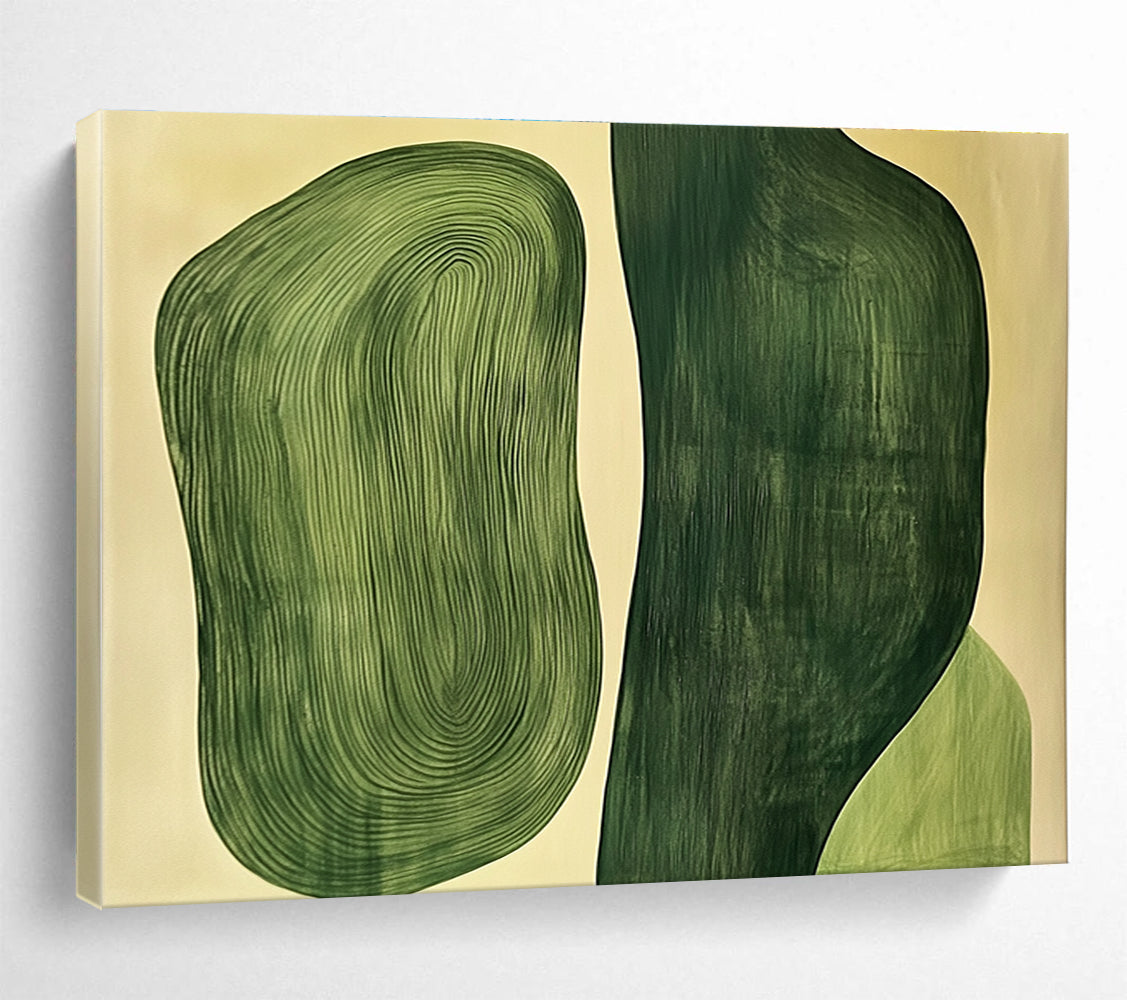 Large abstract painting featuring two organic green shapes, one flat and the other with raised wood grain texture.SC204