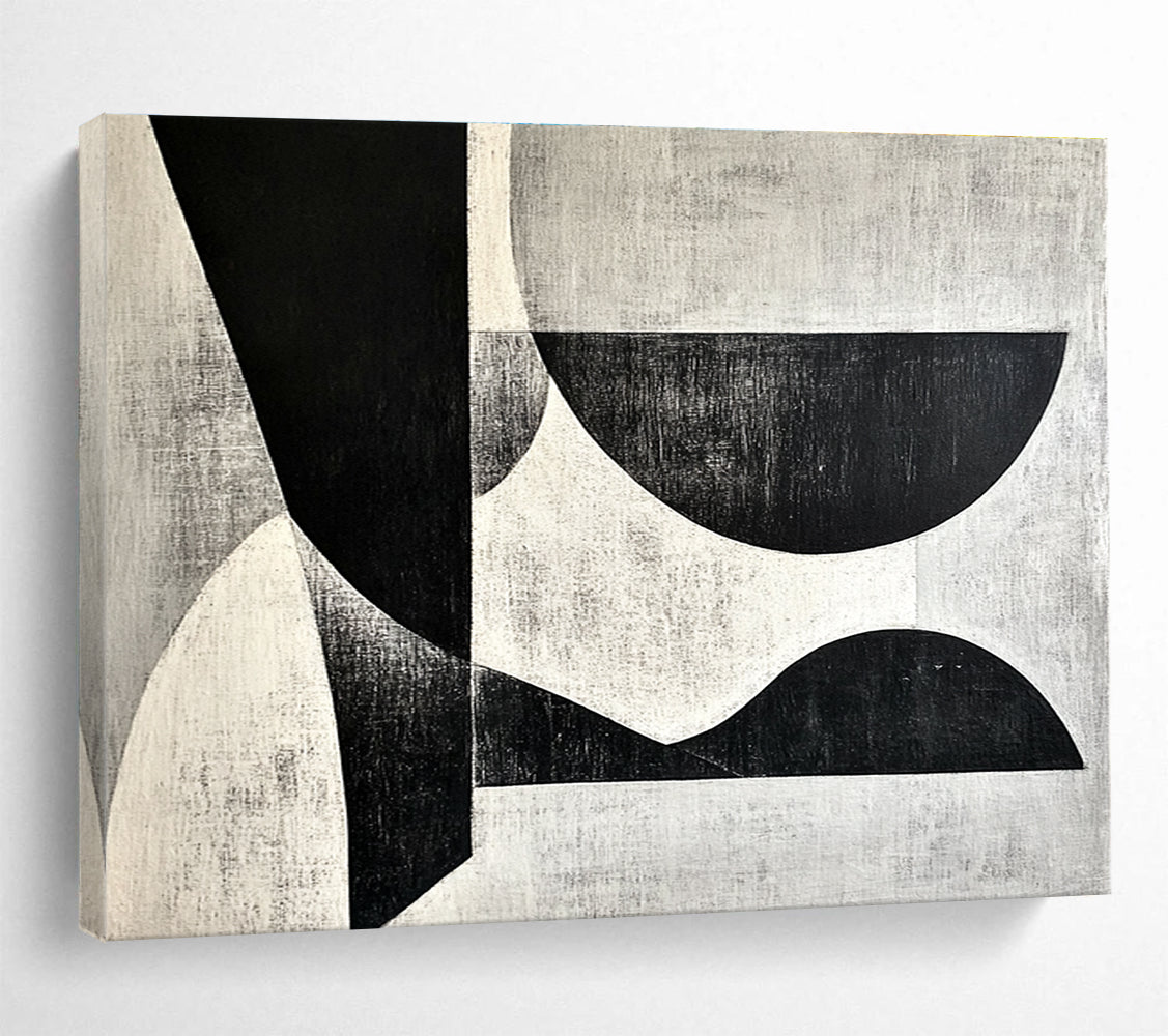A large abstract painting featuring black and white shapes on a gray background inspired by Wim de Vries artistic style.SC506