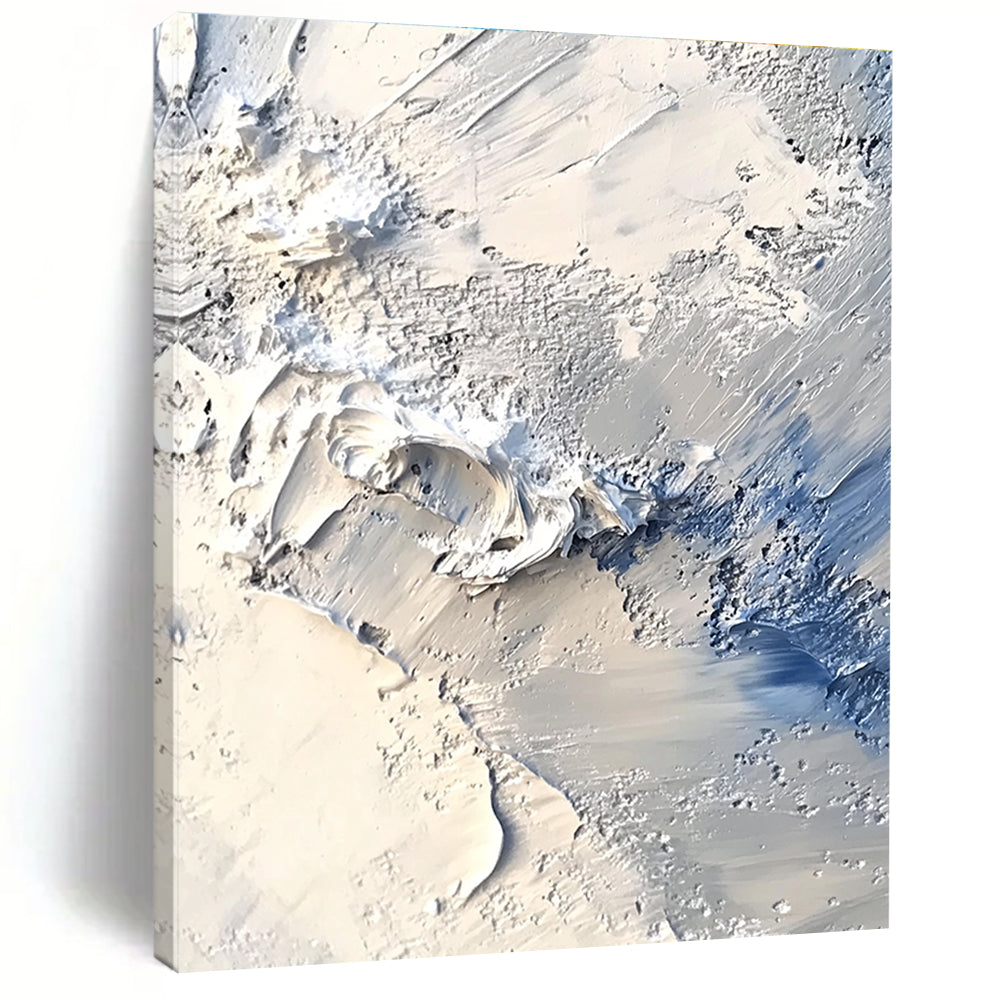 Large abstract painting capturing an Arctic landscape with thick impasto layers in white and gray reminiscent of John Martin's style.STSC258