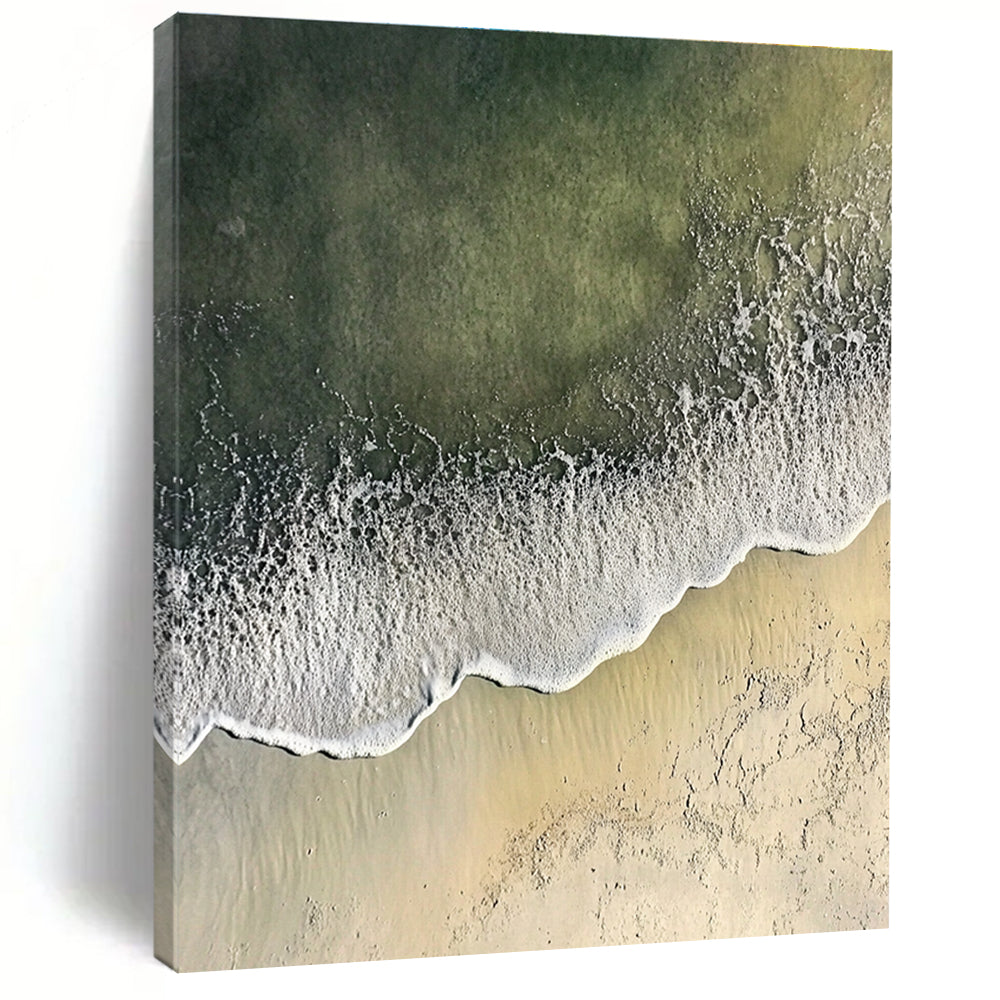 Abstract painting depicting a serene coastal scene with gentle waves and soft sandy textures, blending white and gray with distant green sea hues.STSC1431