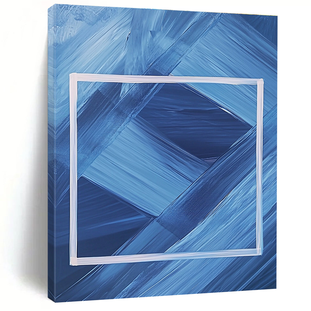 Abstract painting featuring a dark blue background with a white frame and geometric shapes creating a symmetrical minimalist design.STSC037