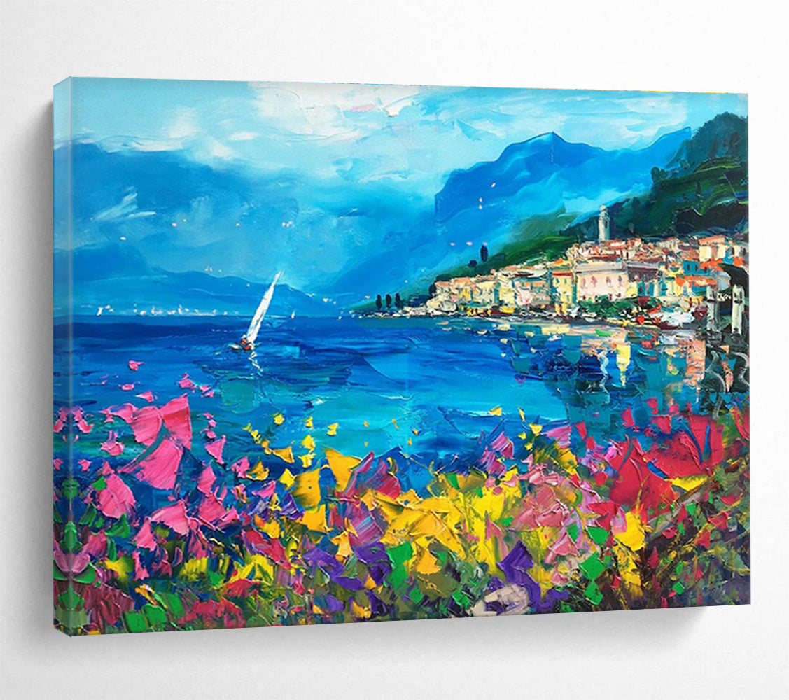 Blue Pink Yellow Coastal Village Abstract Painting THY484