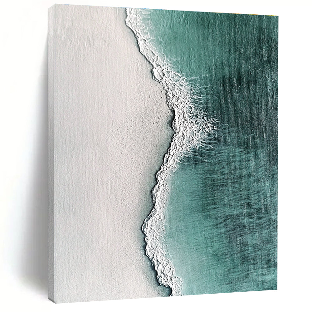 Large abstract painting featuring ocean waves and white sand in hyper-realistic textures with dark green light blue and light gray tones.STSC532