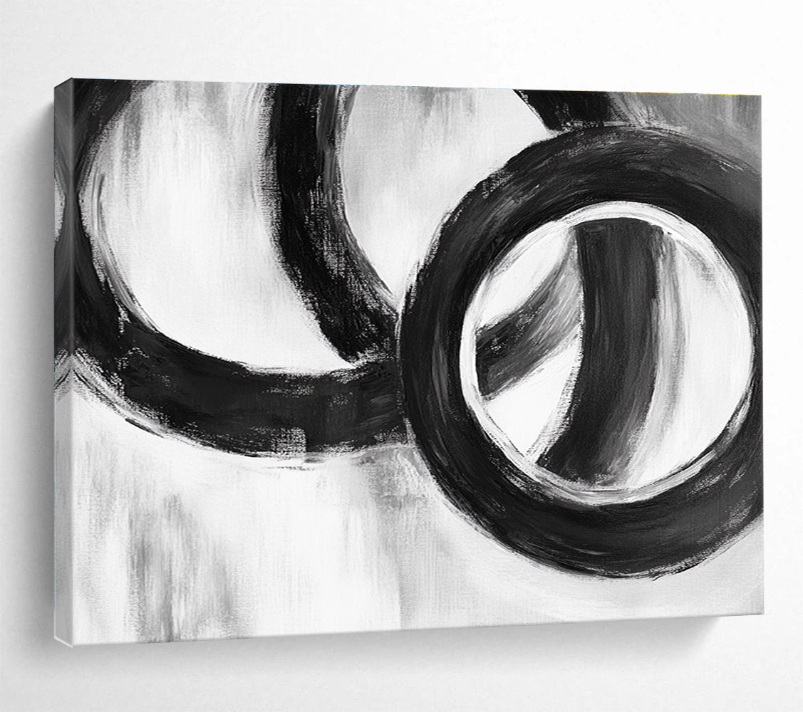 Large abstract painting featuring intertwined rings with simple shapes soft edges and fluid lines on a neutral background.SC013
