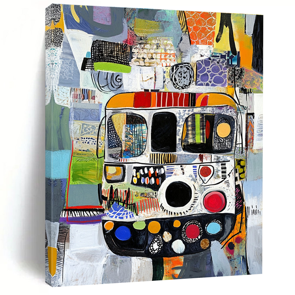 Abstract painting with diverse patterns features a bus in a textured collage of black white grey green blue red and orange yellow materials.STSC820