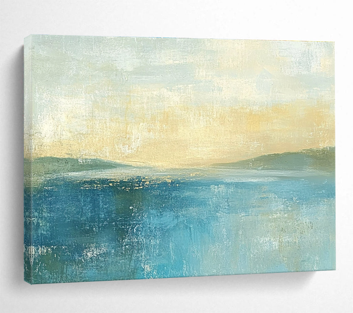 Abstract painting featuring soft colors in muted blues and greens with a pale yellow sky gentle horizon and serene sea.SC085
