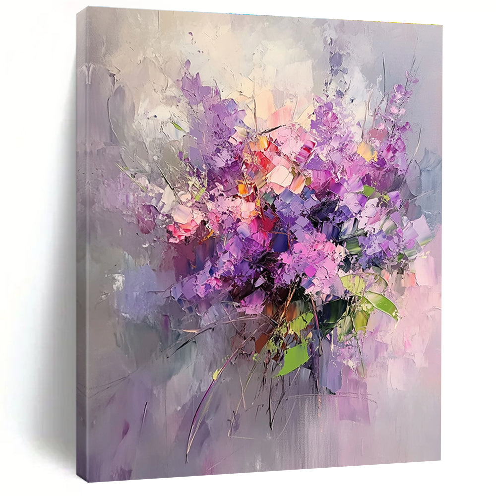 Large abstract oil painting of lilac flowers with purple petals and pink leaves on a light background featuring rich details and delicate textures.STSC926