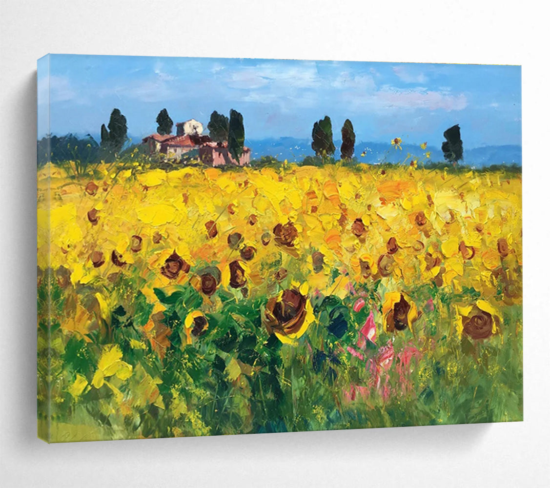 Yellow Green Sunflower Field Abstract Painting THY461