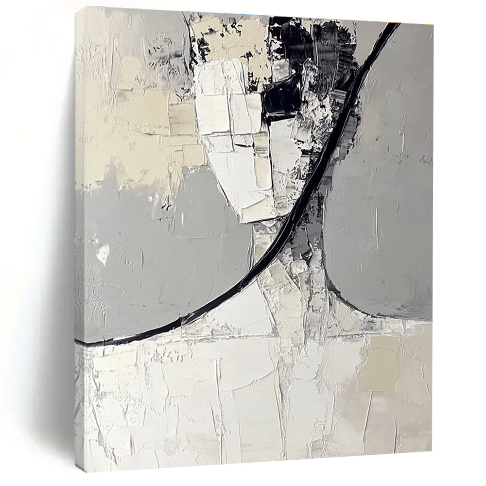 Large abstract painting in white and gray features black curved lines and layered irregular blocks creating a simple and clean composition.STSC383
