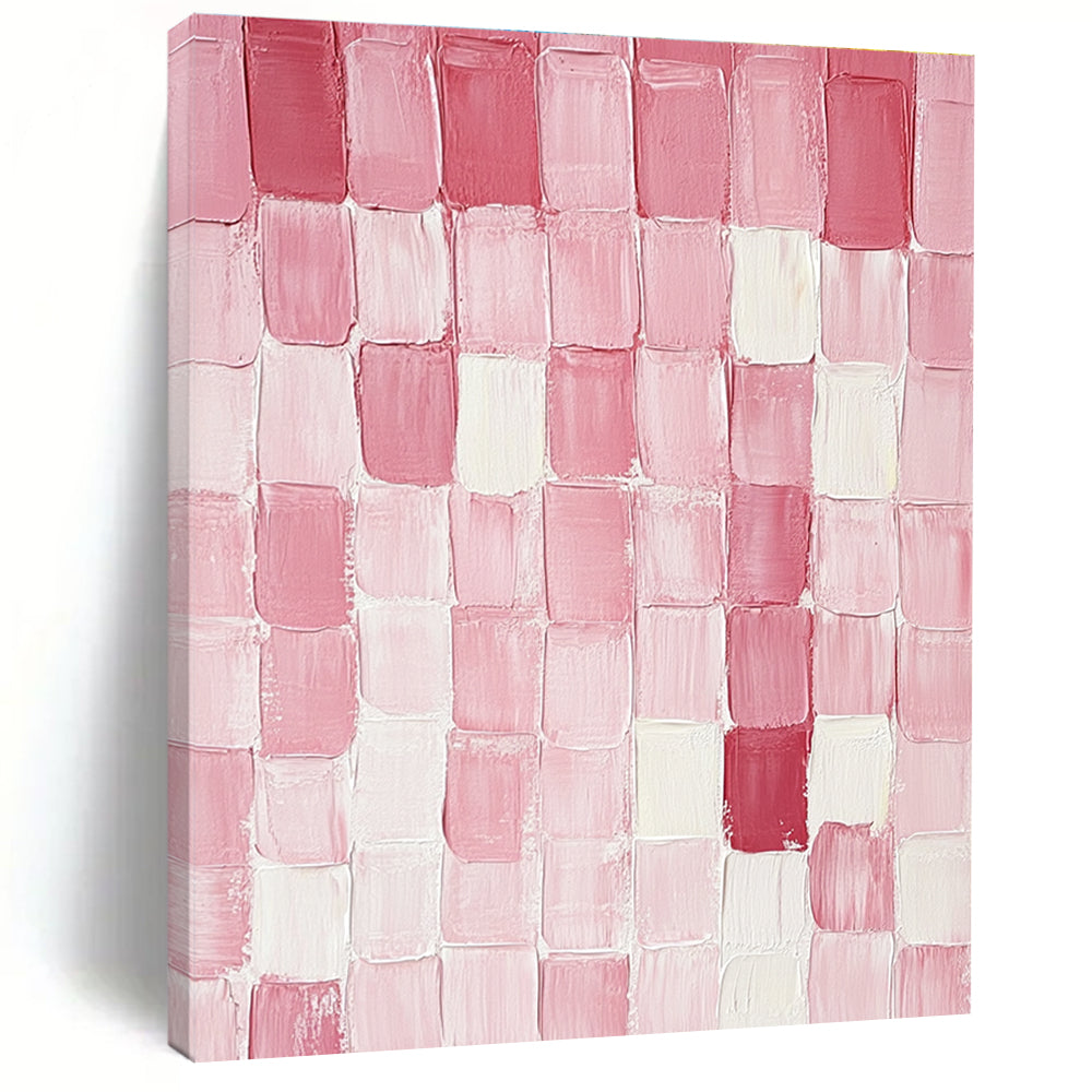 Large abstract painting featuring pink and glossy mottled rectangular blocks arranged on a pure white background with textured brushstrokes.STSC1411