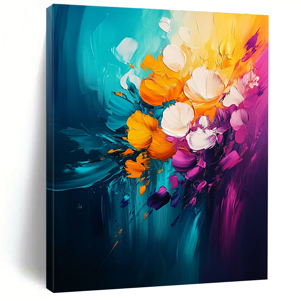 Large abstract painting featuring vibrant yellow teal orange pink purple and white florals on a dark background with dynamic brush strokes.STSC051