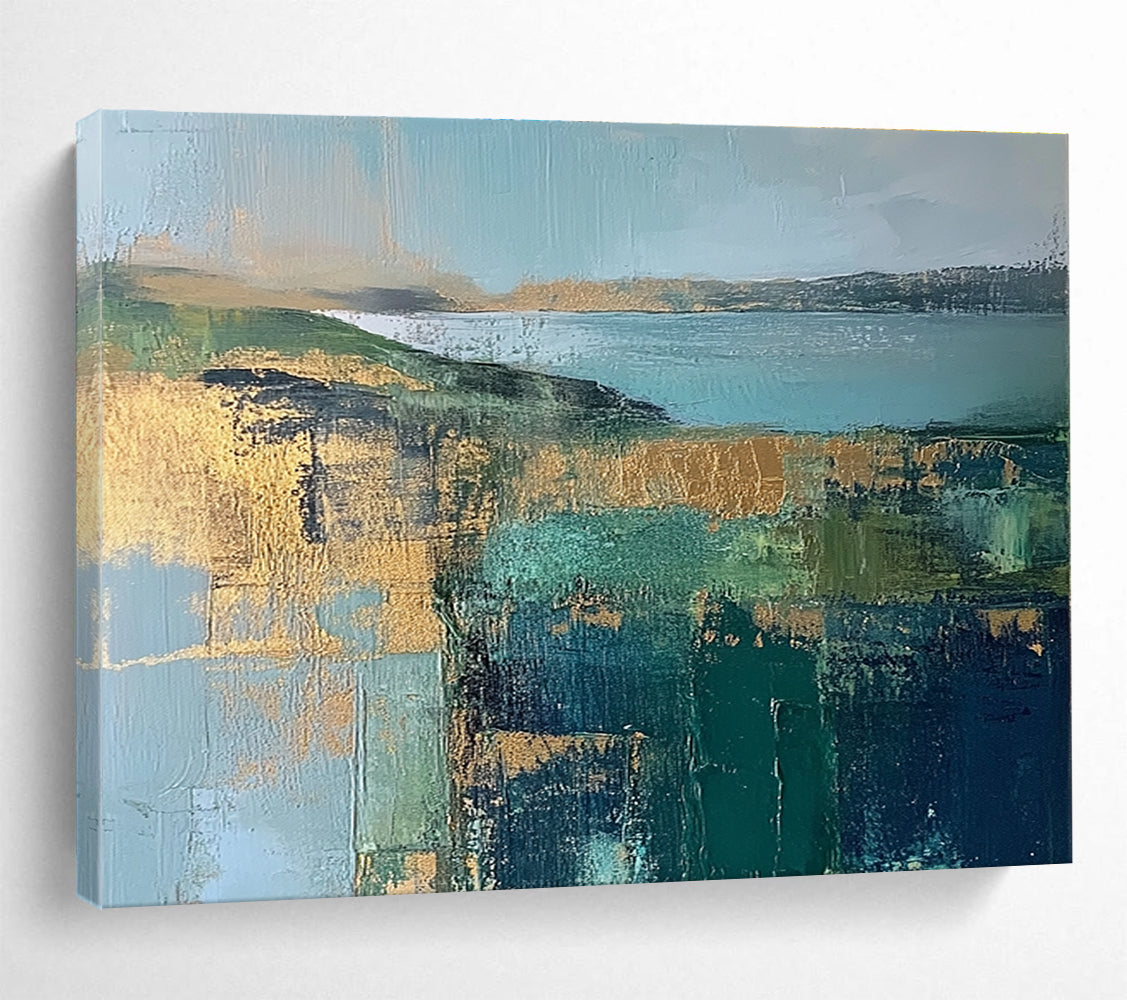 Blue Green Gold Landscape Abstract Painting with Geometric Textures DYP268