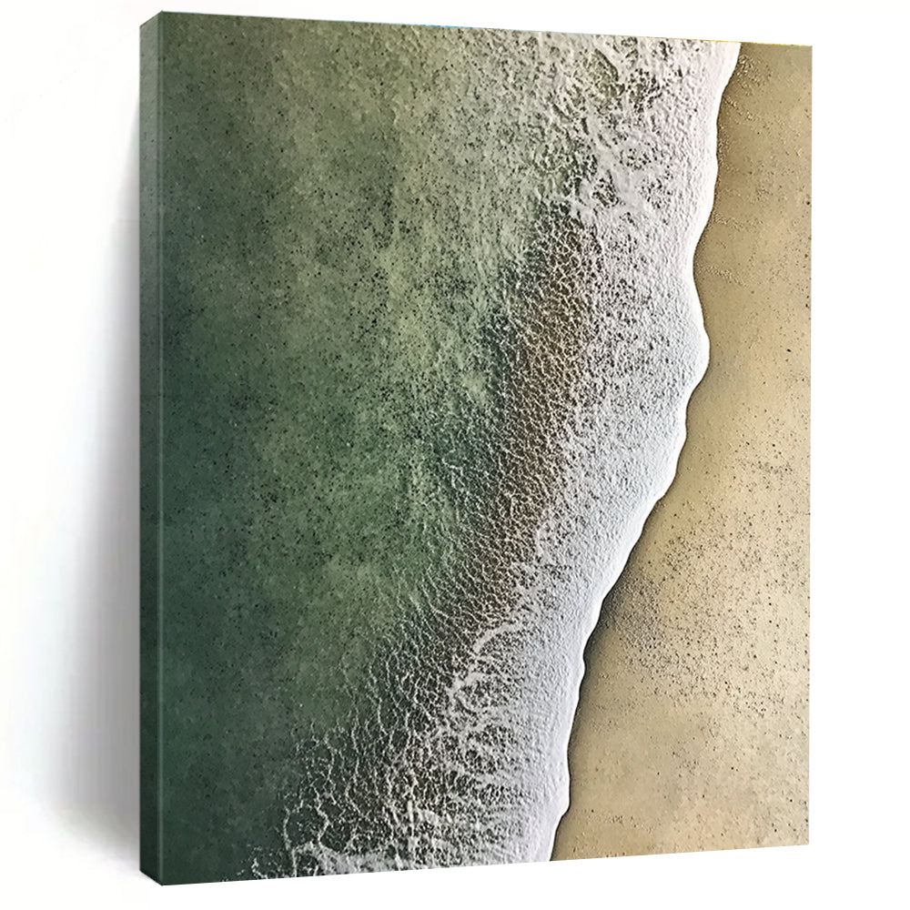 Large abstract painting of soft textured sand meeting green and white water from an aerial view, evoking serenity and natural beauty.STSC1159