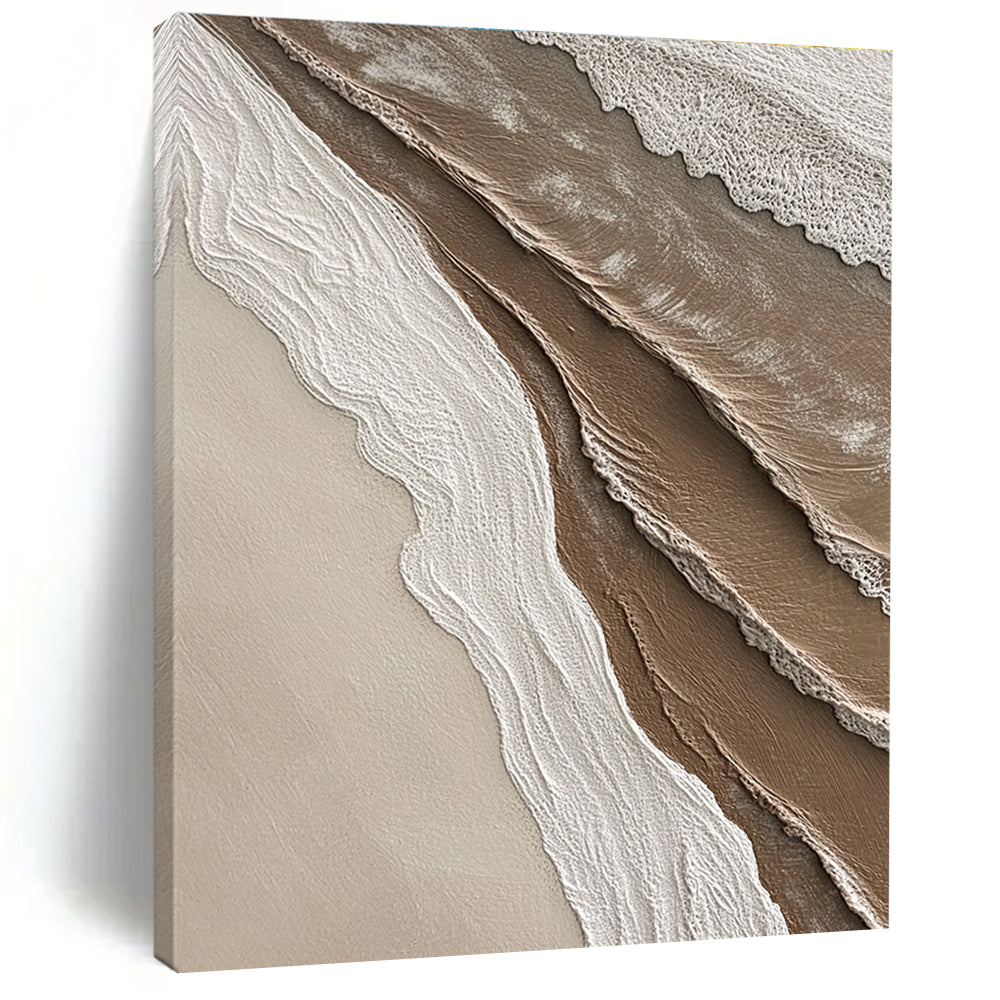 Abstract painting capturing textures where sand meets water in soft shades of brown beige white and grey ideal for enhancing any space.STSC951