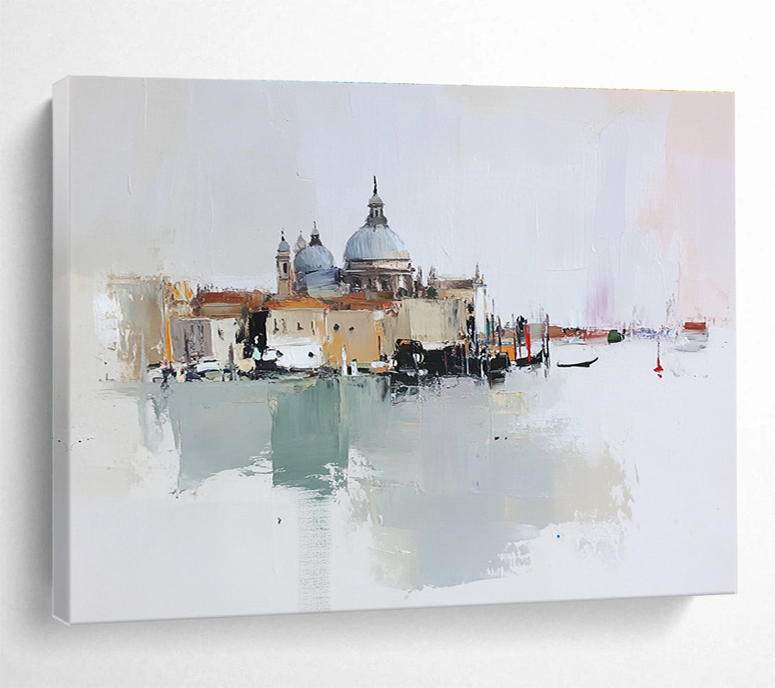 Large abstract oil painting of Venice featuring beige buildings and a small red dome against a light gray and pale pink background.SC126