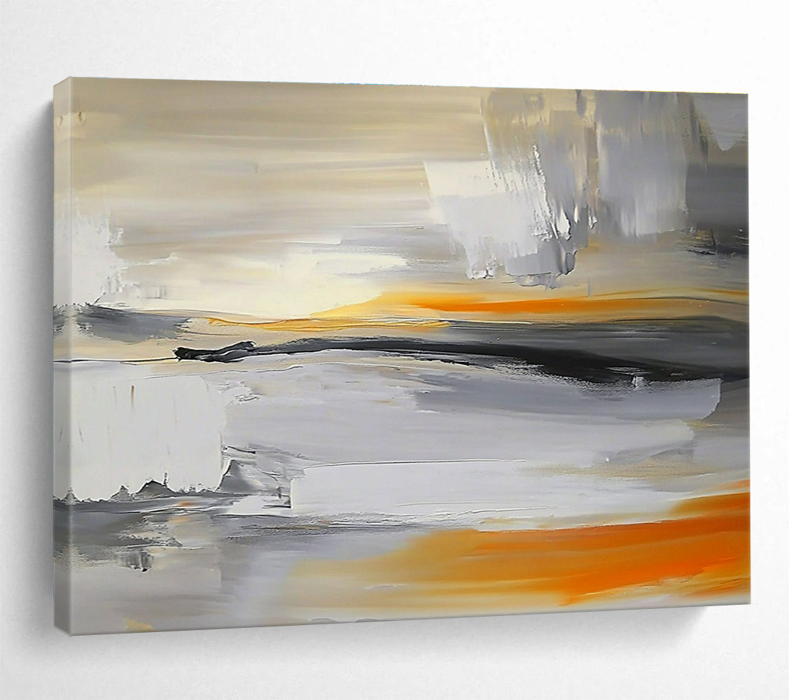 Large abstract painting featuring a grey, white, and orange sky with a blurred horizon and rocks below in a minimalist style.SC175