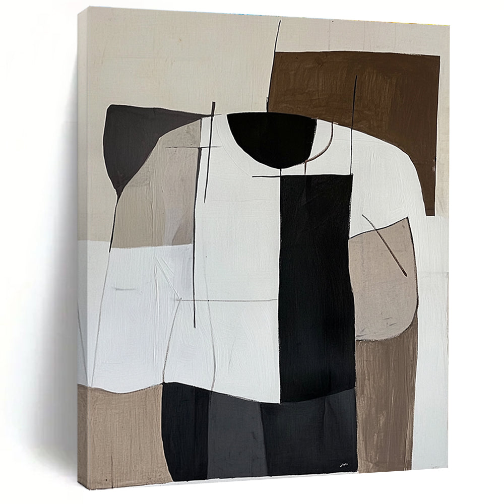 Abstract Painting in Minimalistic Cubism Style featuring Brown Palette and Striped White Shirt on a White Background.STSC1107